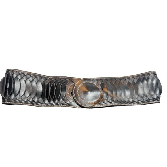 Accessories - Vintage Black Leather Belt With Circular Design & Brass Stud Closure Size S